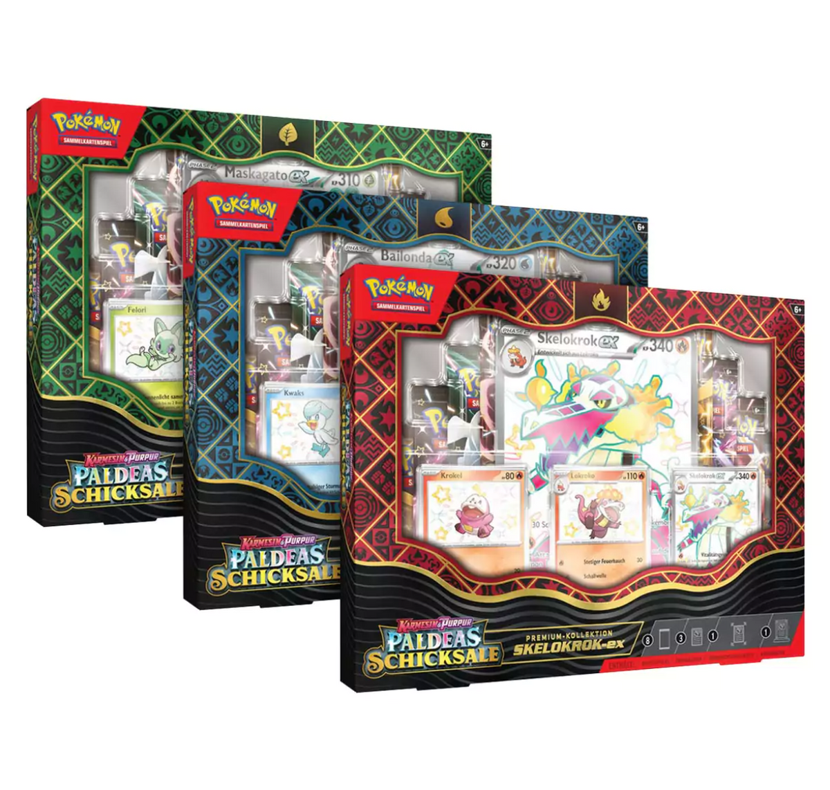 Pokémon - Karmesin & Purpur - Paldeas Schicksale Premium Kollektion - Bailonda ex, Maskagato ex & Skelokrok ex (deutsch)